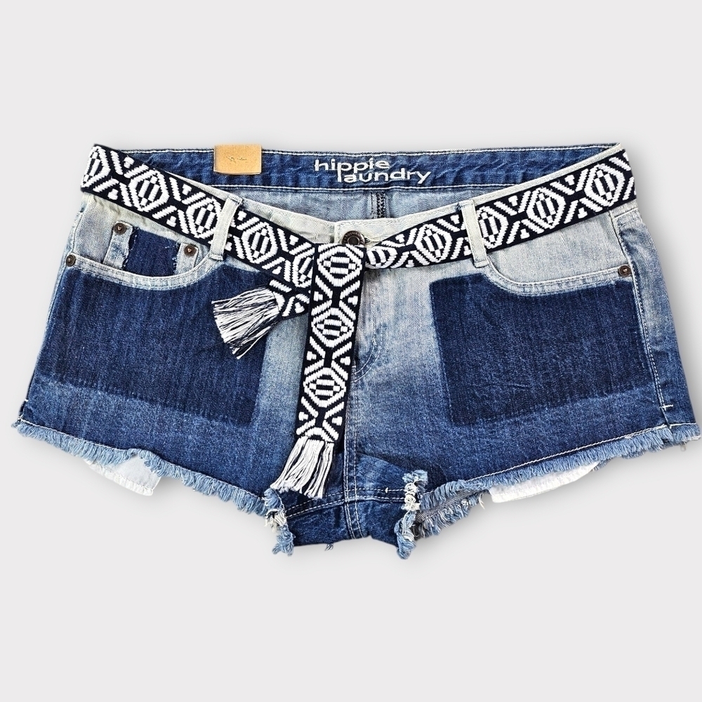 Hippie Laundry Boho Denim Belted Frayed Hem Shorts